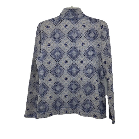 Talbots French Terry Zip Up Sweater Petite Small Mock Neck Cotton Blue Geometric - Picture 2 of 9